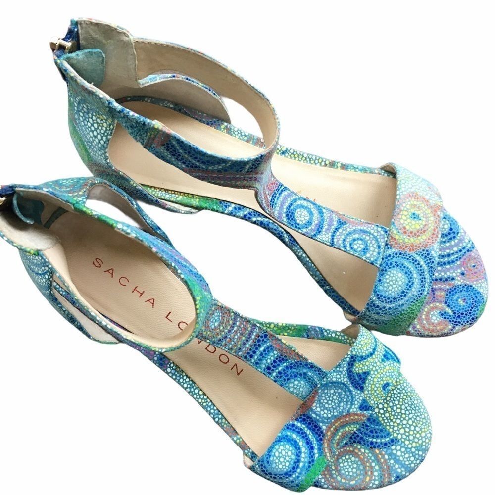 SACHA LONDON Leather T-Strap Wedge Sandals Shoes Blue Print Design 8